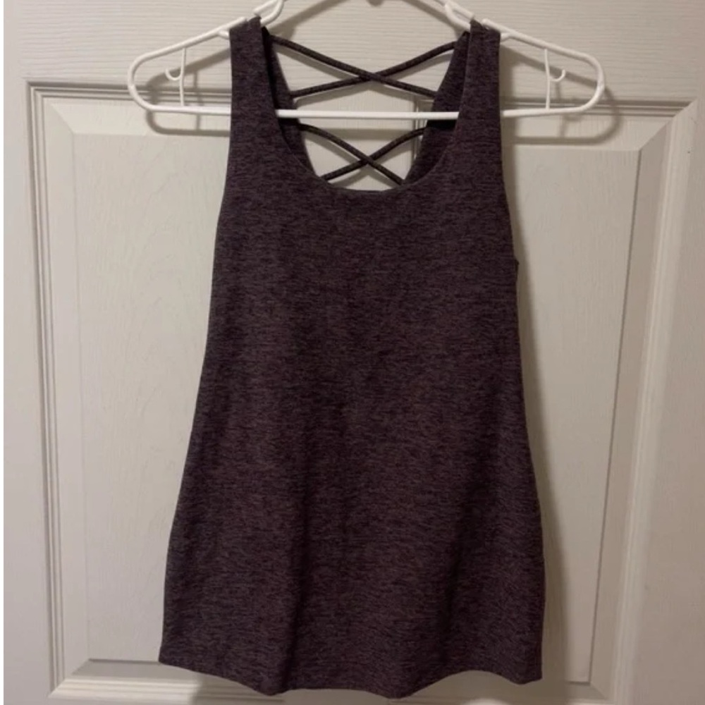 Beyond Yoga Women's Heathered Plum Muscle Tee with Crisscross Back
